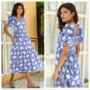 Monsoon and Beyond Estela Dress Blue Rohida XS Floral Print Puff Sleeve